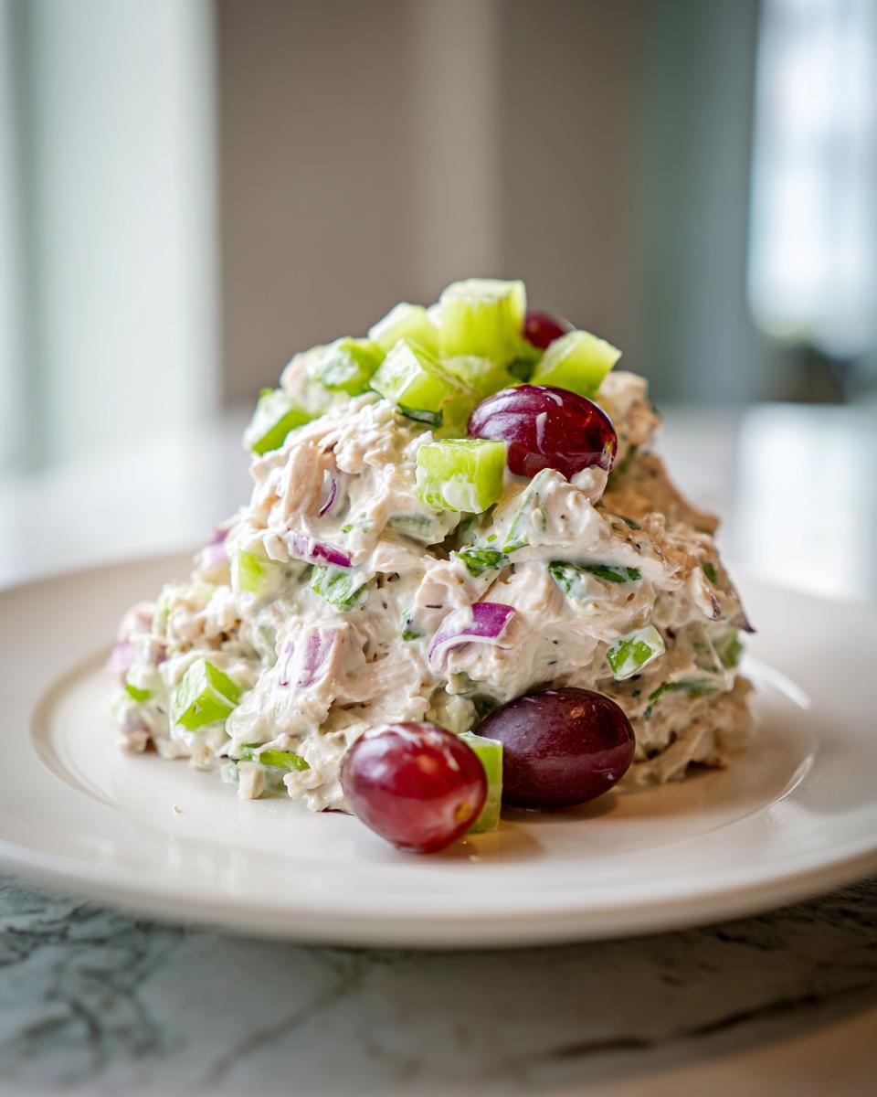 A mound of creamy chicken protein salad mixed with red onion, celery, and topped with red grapes.
