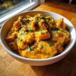 Close-up of a white bowl filled with creamy, vibrant orange pumpkin curry topped with fresh cilantro.