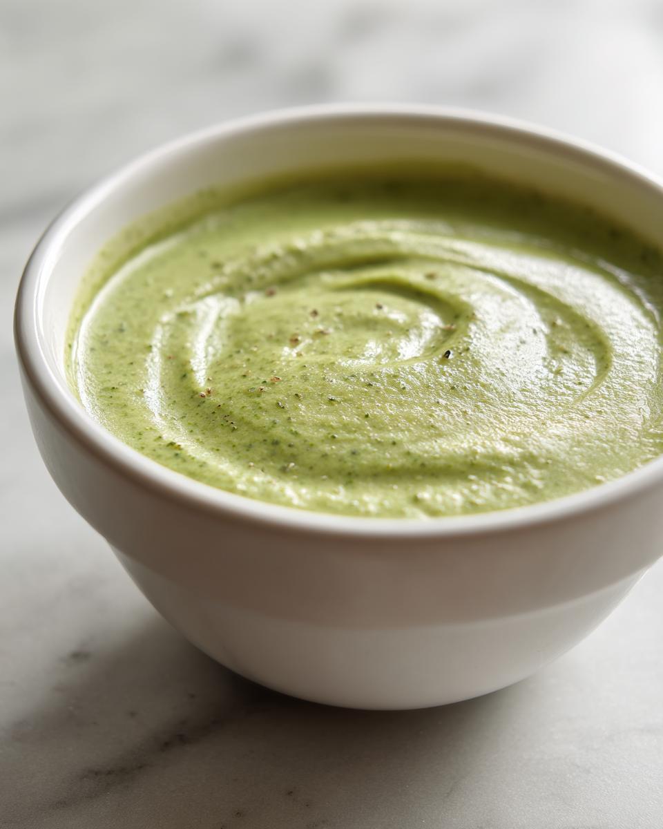 Close-up of a creamy, vibrant green roasted broccoli soup swirled in a white bowl, seasoned with pepper.
