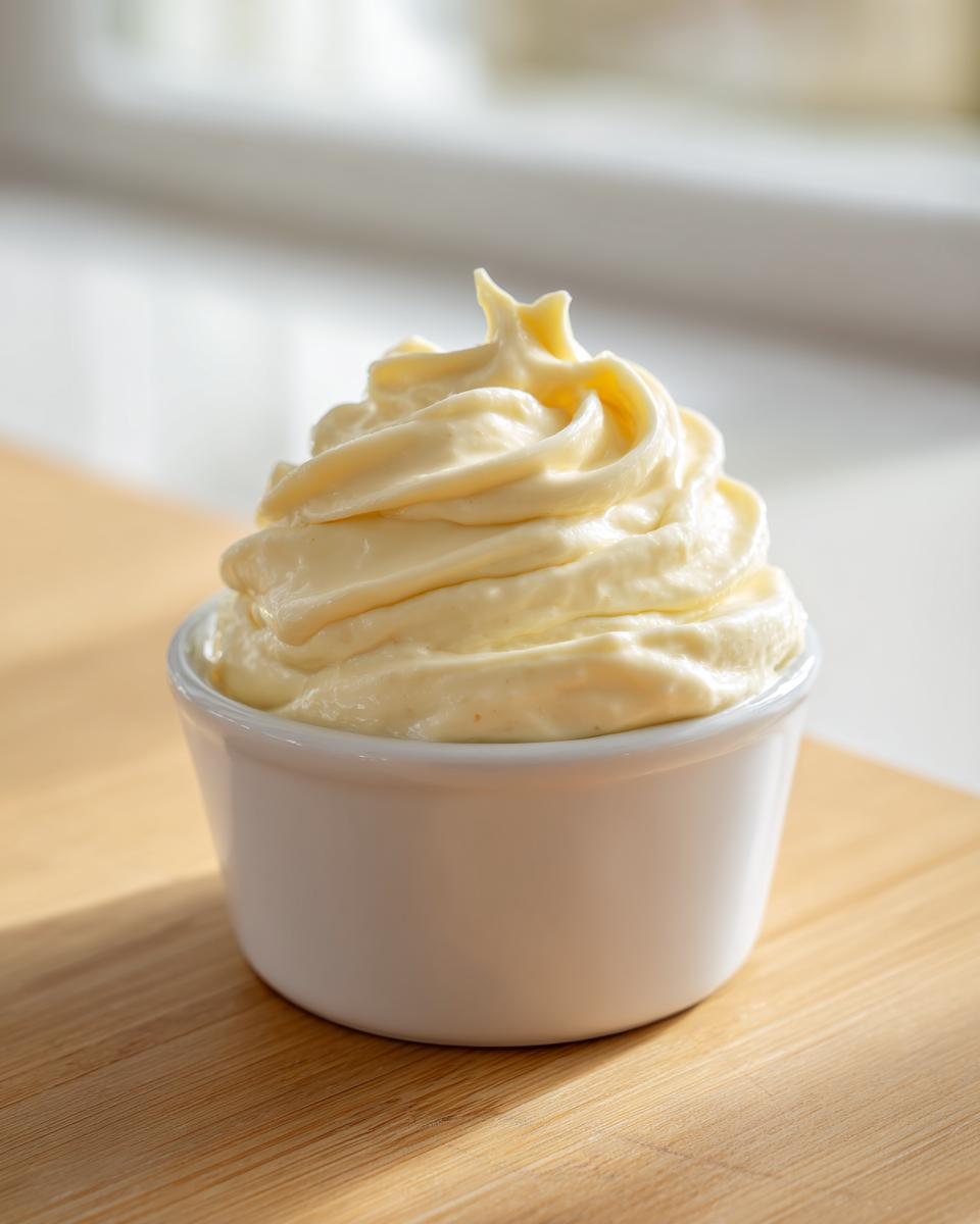 A close-up of creamy, pale yellow roasted garlic aioli recipe piped into a small white ramekin.