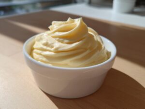 A swirl of creamy, pale yellow roasted garlic aioli recipe piped high in a small white ramekin.