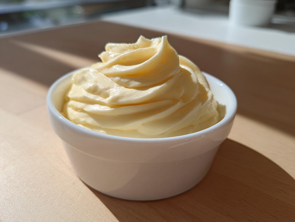 A swirl of creamy, pale yellow roasted garlic aioli recipe piped high in a small white ramekin.