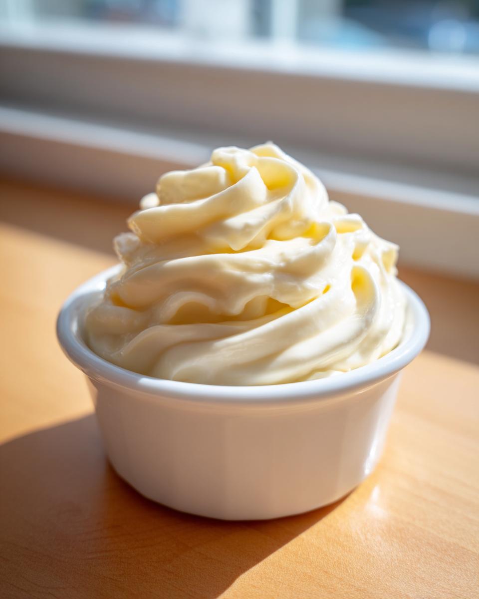 A swirl of creamy, pale yellow roasted garlic aioli recipe piped high in a small white ramekin.