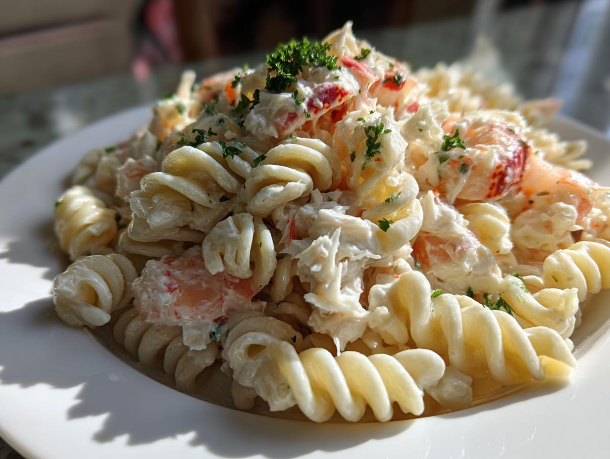 Close-up of a creamy seafood salad recipe with crab, shrimp, and fusilli pasta, garnished with parsley.
