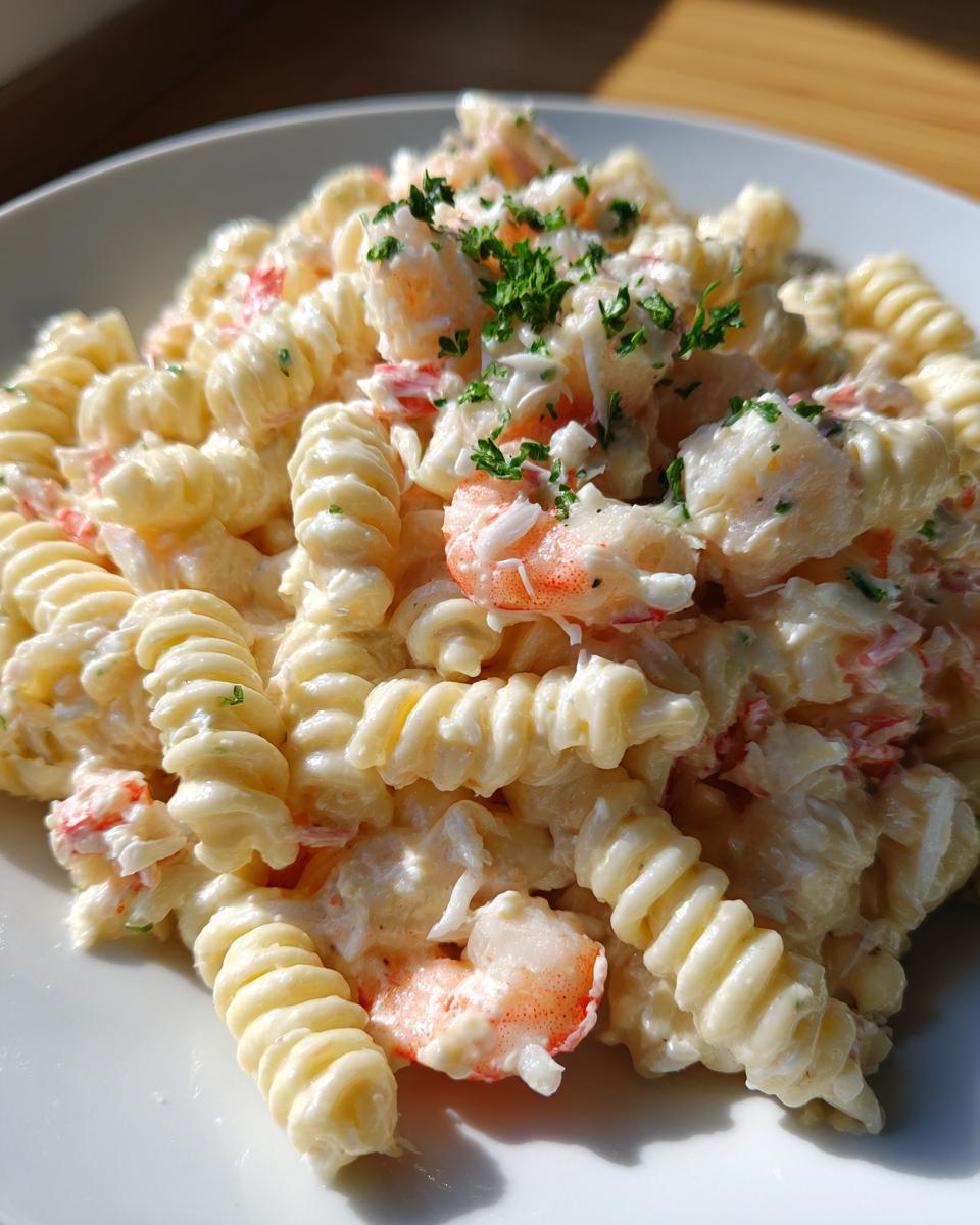 Close-up of creamy seafood salad recipe with crab, shrimp, and rotini pasta, garnished with parsley.