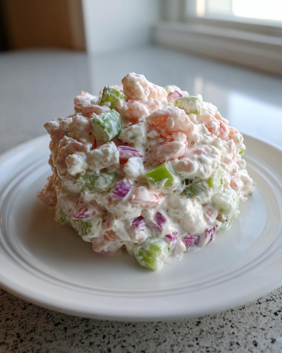 A mound of creamy seafood salad featuring pink shrimp, green celery, and red onion served on a white plate.