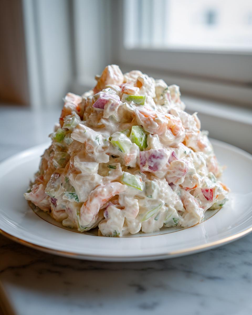 A generous mound of creamy seafood salad featuring shrimp, celery, and red onion, served on a white plate.