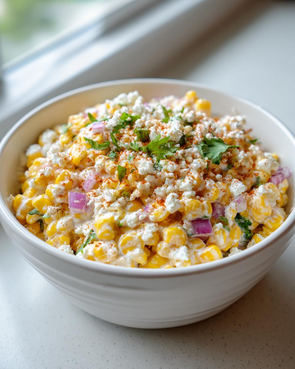 Close-up of a creamy corn salad topped with crumbled white cheese, red onion, and paprika.