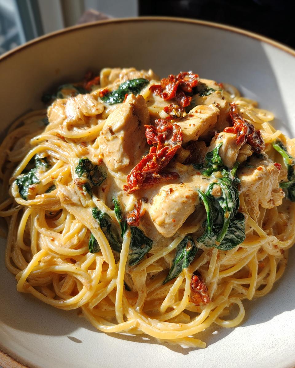 Close-up of creamy Tuscan chicken pasta featuring spaghetti, chicken pieces, spinach, and sun-dried tomatoes.