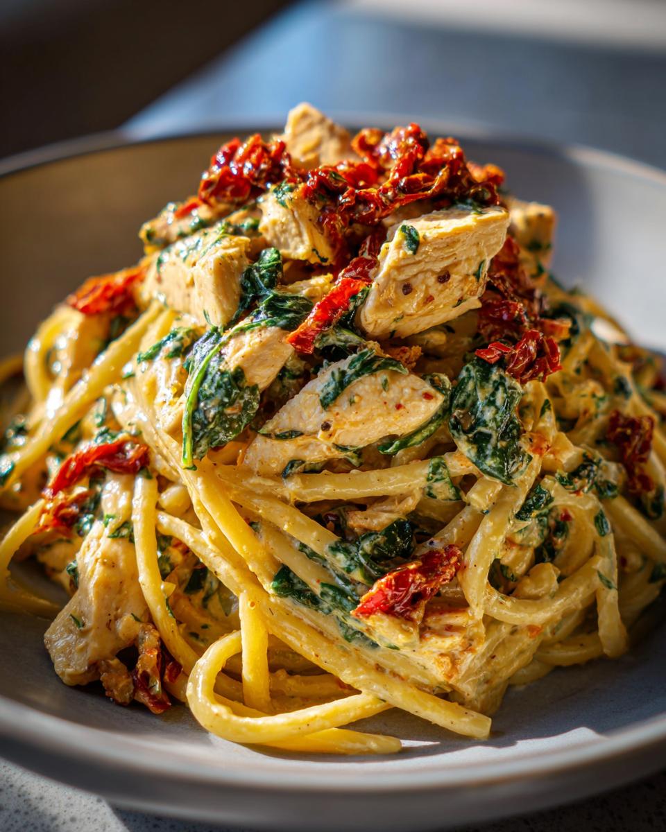 A close-up of creamy Tuscan chicken pasta featuring chunks of chicken, spinach, and sun-dried tomatoes.