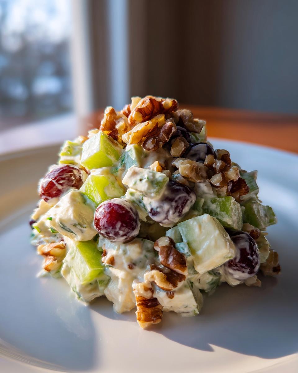 A serving of creamy Waldorf salad featuring diced green apples, red grapes, and walnuts on a white plate.