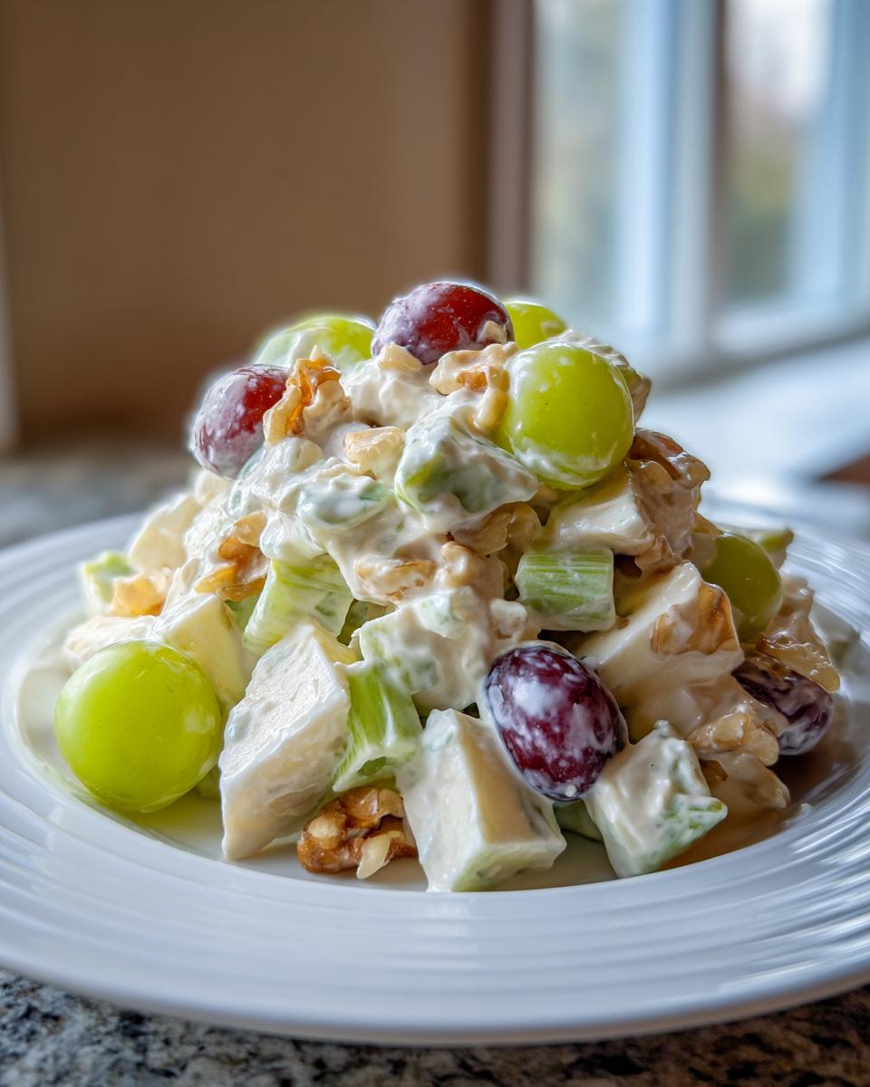 A close-up of a serving of rich, creamy waldorf salad featuring chunks of apple, celery, grapes, and walnuts.