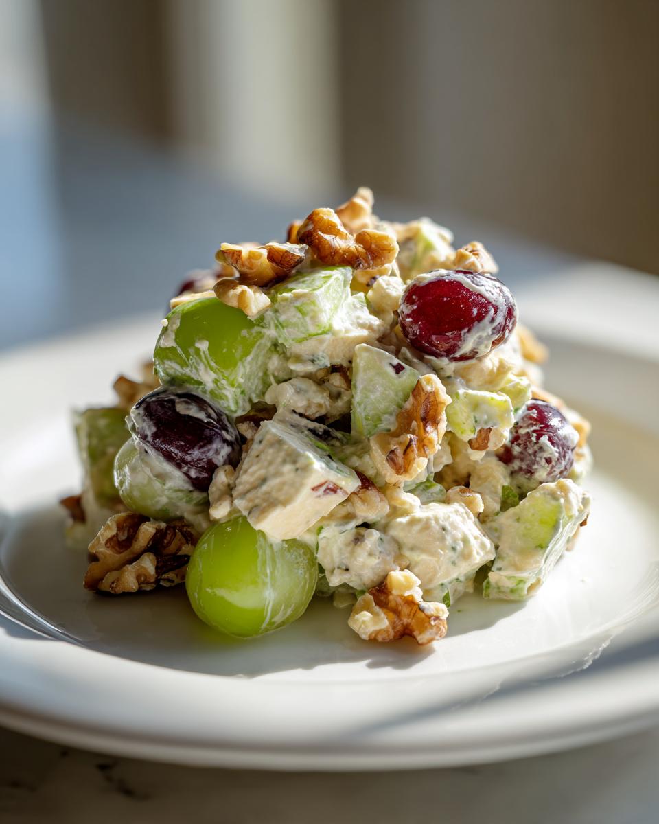 A mound of creamy waldorf salad featuring green apples, red and green grapes, and walnuts, served on a white plate.