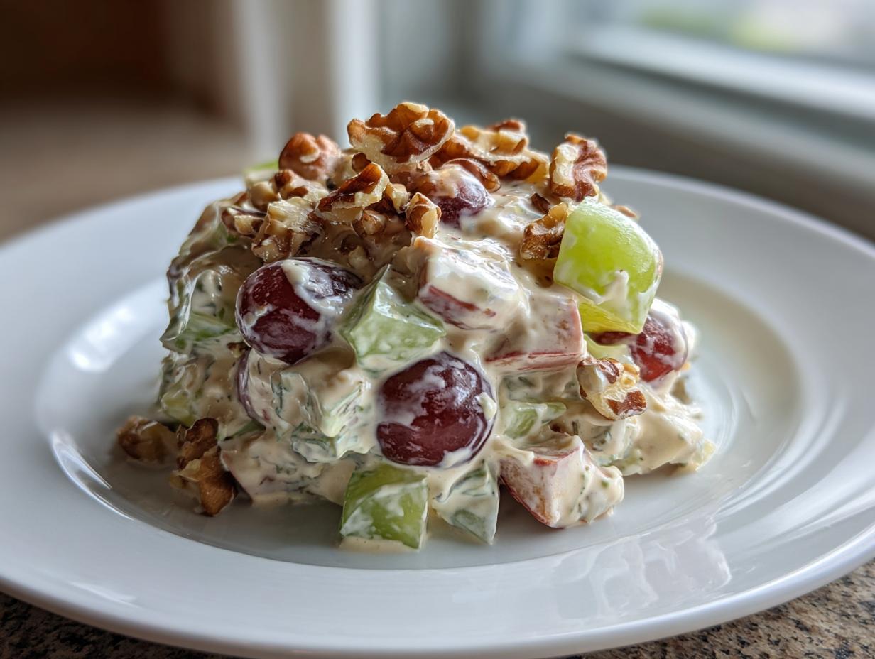 A perfectly molded serving of creamy waldorf salad featuring red and green grapes and topped with crunchy walnuts.