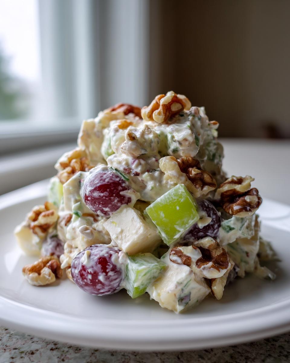 A mound of creamy Waldorf salad featuring red grapes, green apple chunks, and walnuts on a white plate.