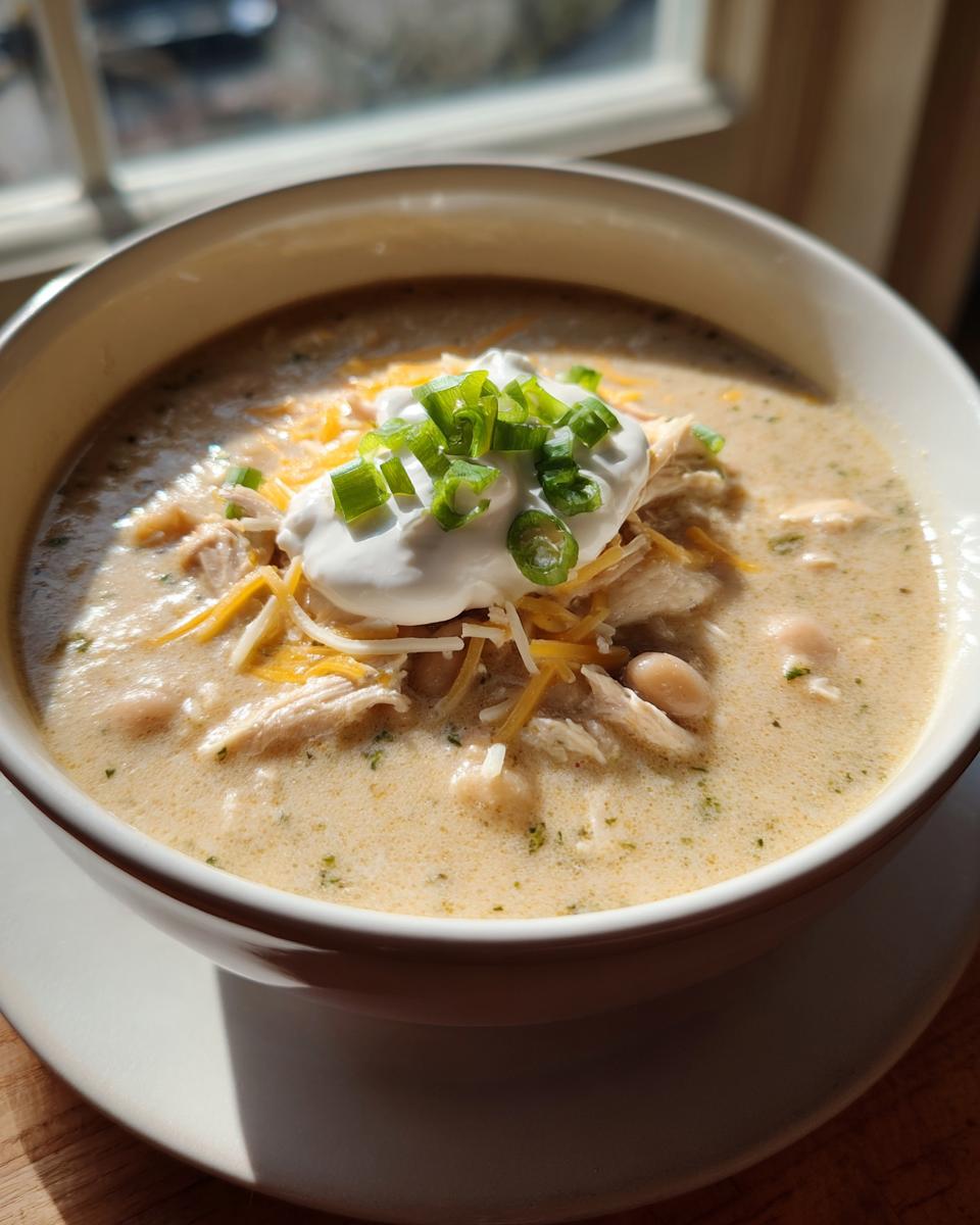 A creamy bowl of white chicken chili topped with shredded cheese, sour cream, and green onions.