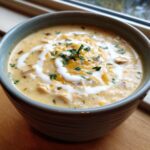 A close-up of a creamy bowl of white chicken chili, garnished with shredded cheese, sour cream swirl, and fresh parsley.
