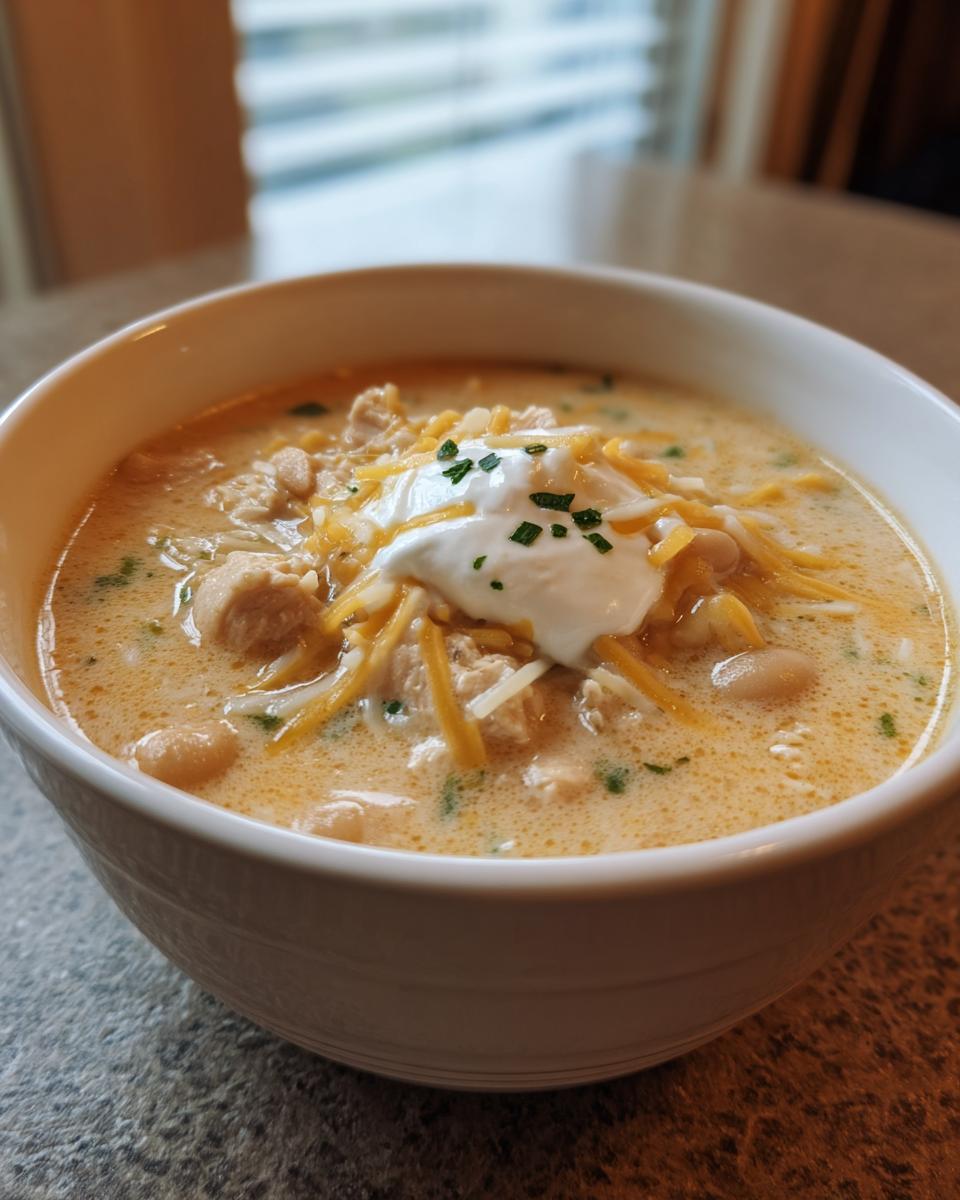 A close-up of a bowl of creamy white chicken chili topped with shredded cheese, sour cream, and chives.