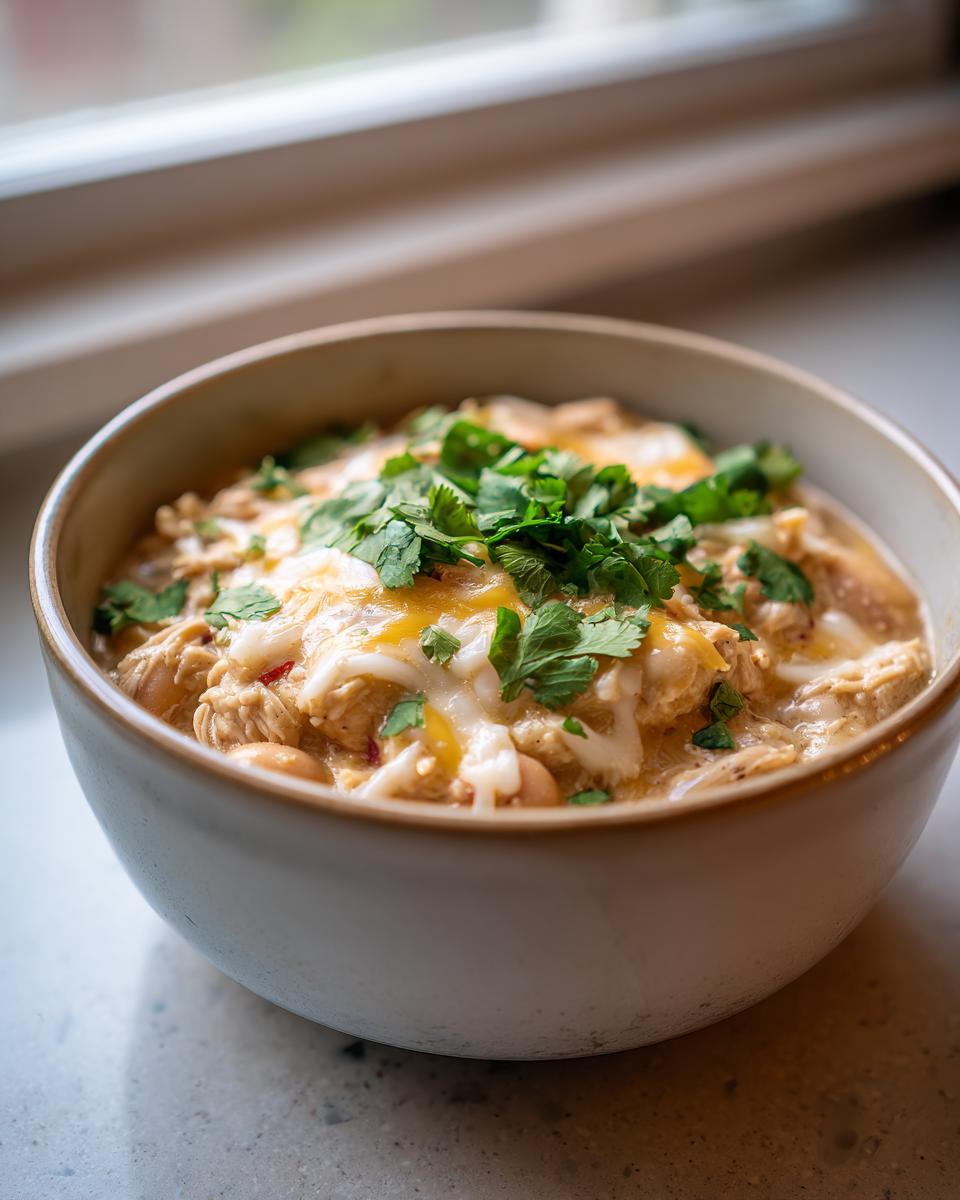 A close-up of a bowl filled with creamy white chicken chili recipe, topped with melted cheese and fresh cilantro.