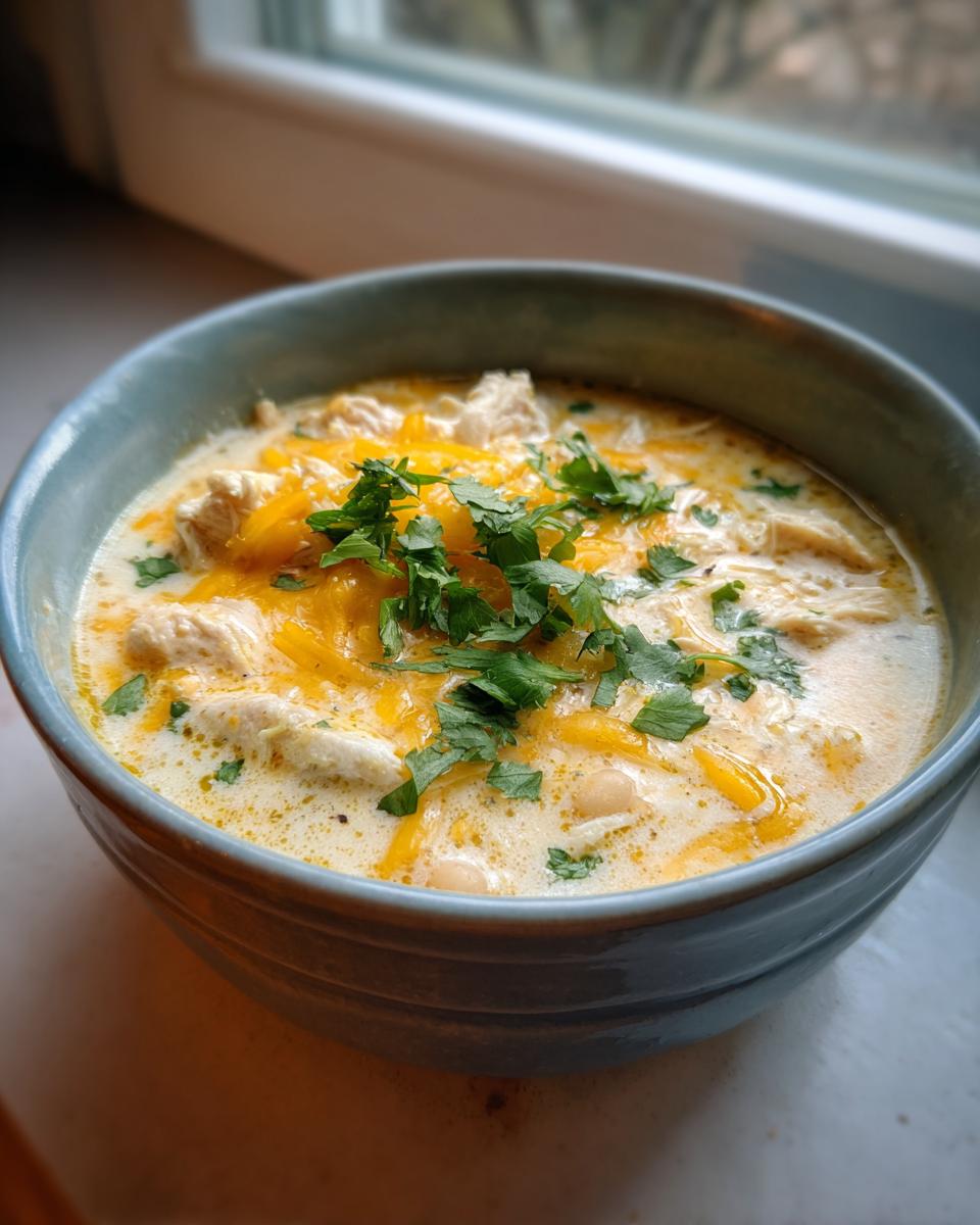 A close-up of a bowl of creamy white chicken chili recipe topped with shredded cheddar cheese and fresh cilantro.