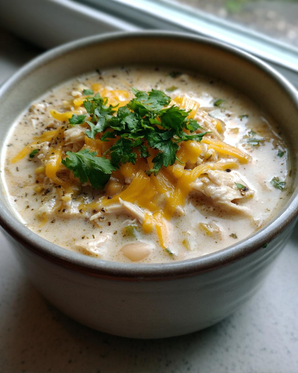 Close-up of a bowl of creamy white chicken chili recipe topped with shredded cheddar cheese and fresh cilantro.