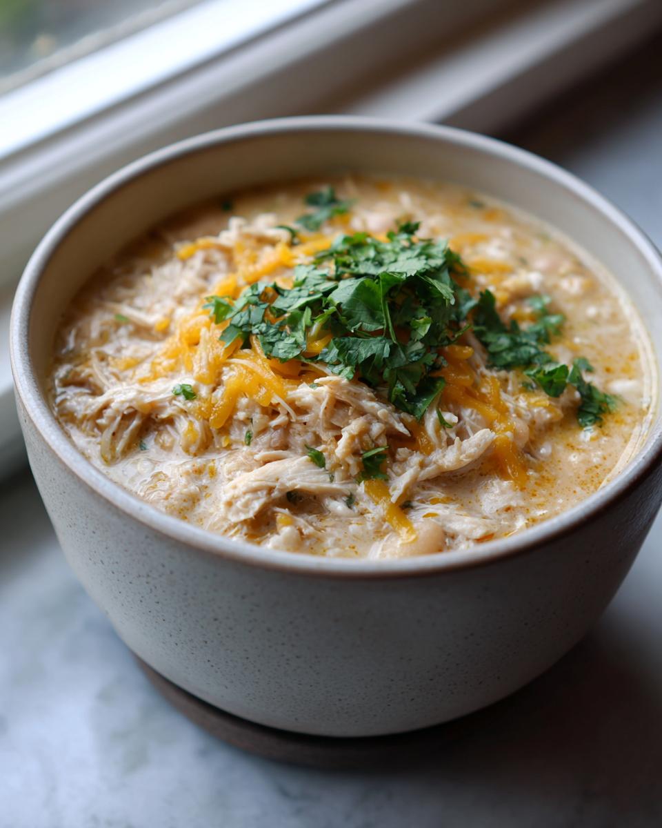 A close-up of a bowl of creamy white chicken chili recipe topped with shredded cheddar cheese and fresh cilantro.