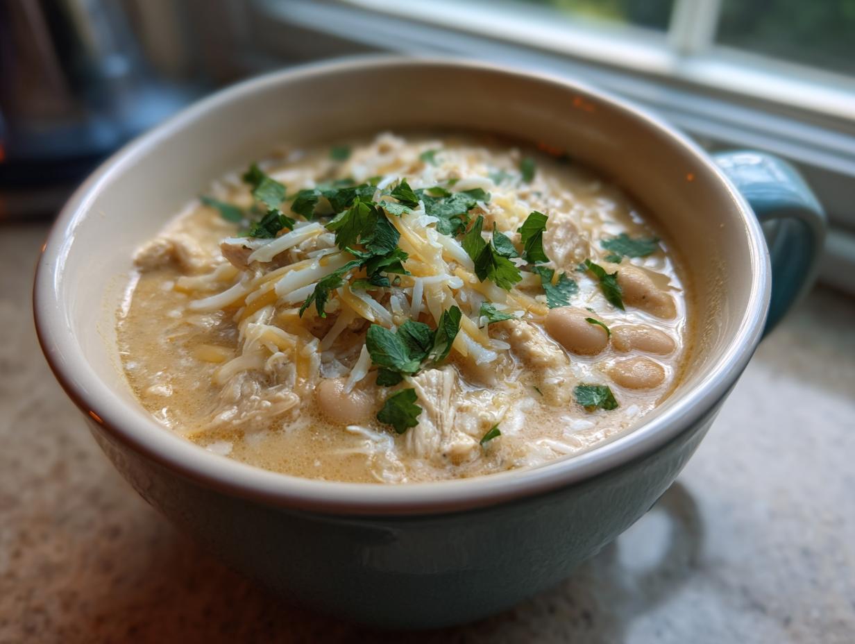A close-up of a hearty bowl of creamy white chicken chili recipe topped with shredded cheese and fresh cilantro.