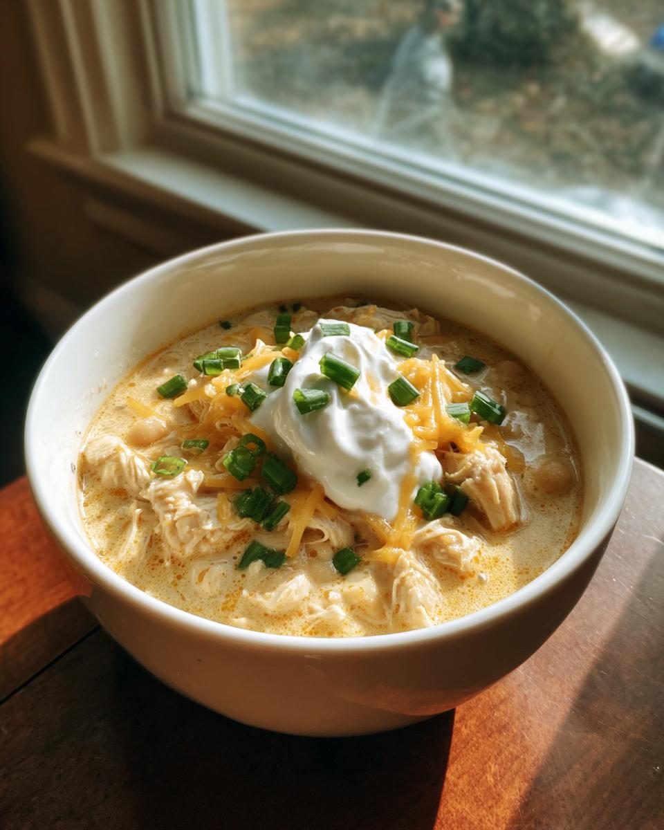 A close-up of a bowl of creamy white chicken chili topped with shredded cheese, sour cream, and green onions.