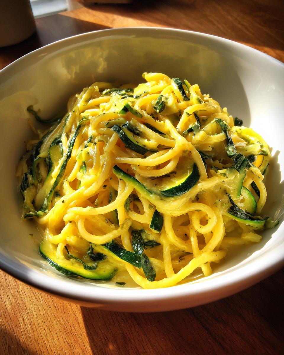 Close-up of creamy zucchini pasta spirals mixed with bright green zucchini ribbons in a white bowl.