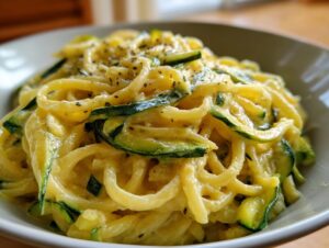 Close-up of creamy zucchini pasta spirals tossed with bright green zucchini ribbons and black pepper.