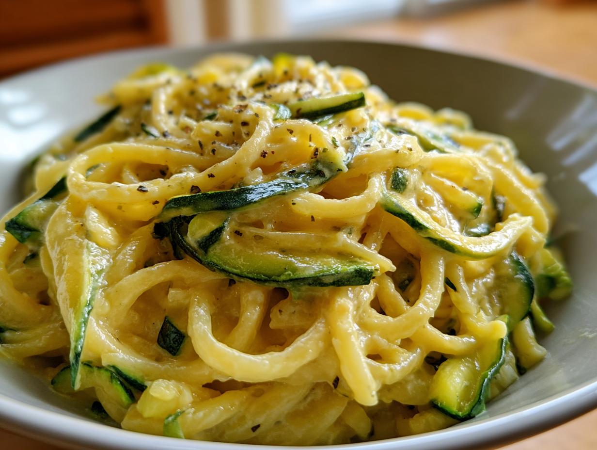 Close-up of creamy zucchini pasta spirals tossed with bright green zucchini ribbons and black pepper.