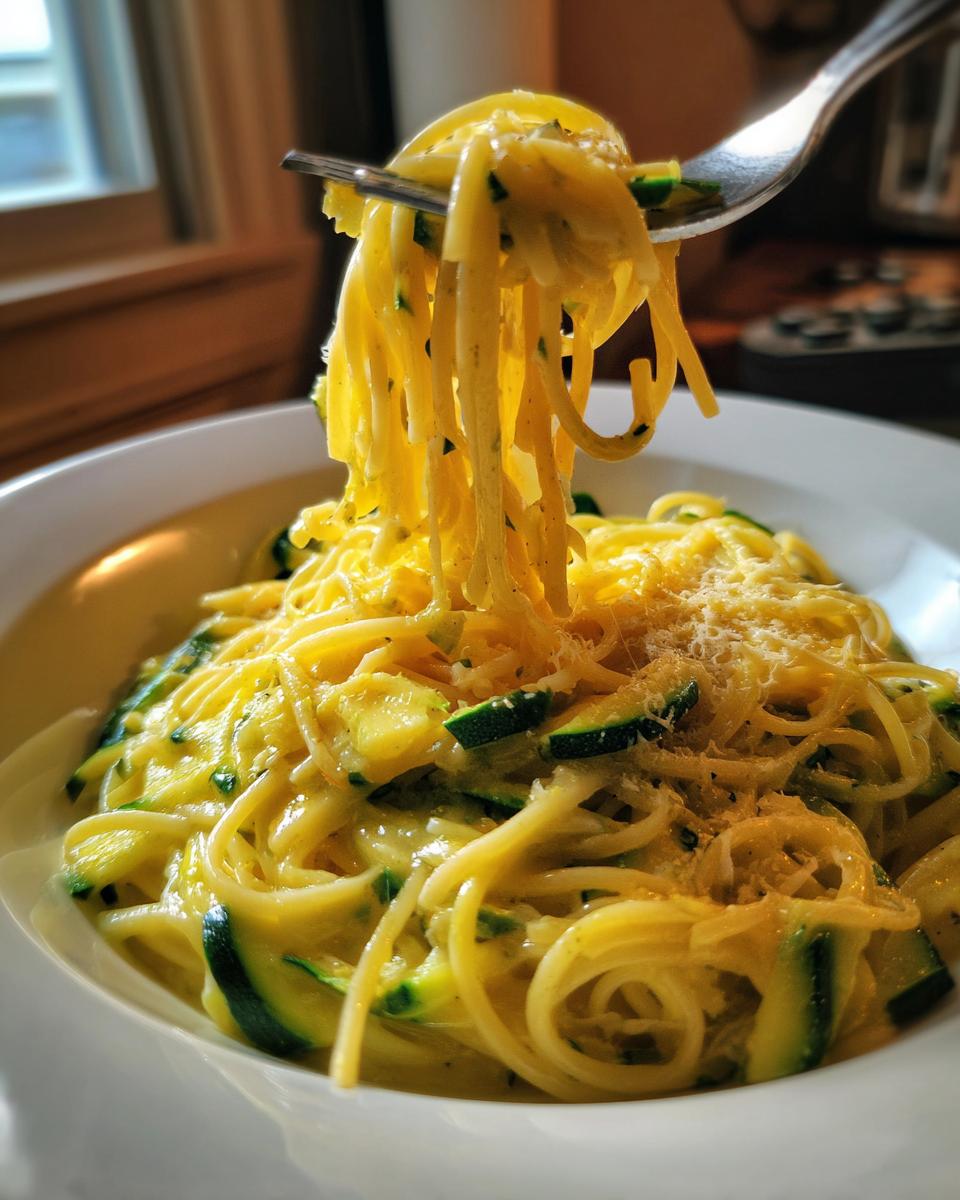 A fork lifts a tangle of creamy zucchini pasta noodles and sliced zucchini from a white bowl, topped with grated cheese.