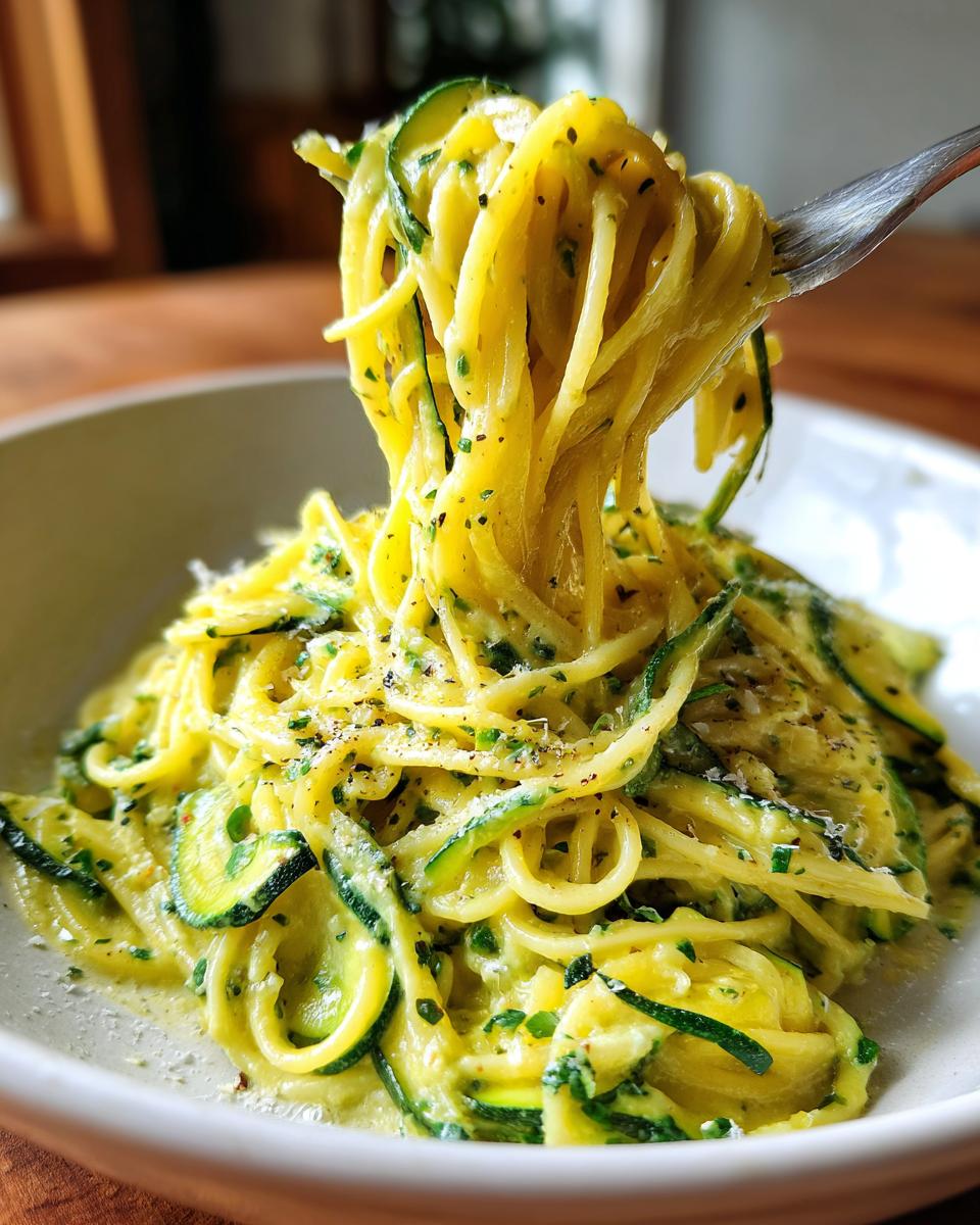 A fork lifts a generous serving of creamy zucchini pasta, showing spiralized zucchini noodles coated in a yellow sauce.