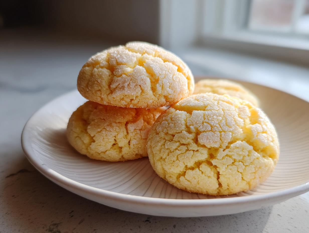 A stack of soft, yellow cake mix cookies coated in sugar, resting on a white plate near a window.