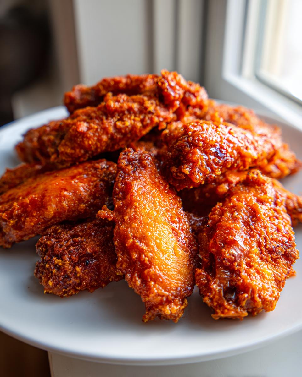 A close-up of a pile of crispy, bright orange buffalo chicken wings coated in sauce on a white plate.