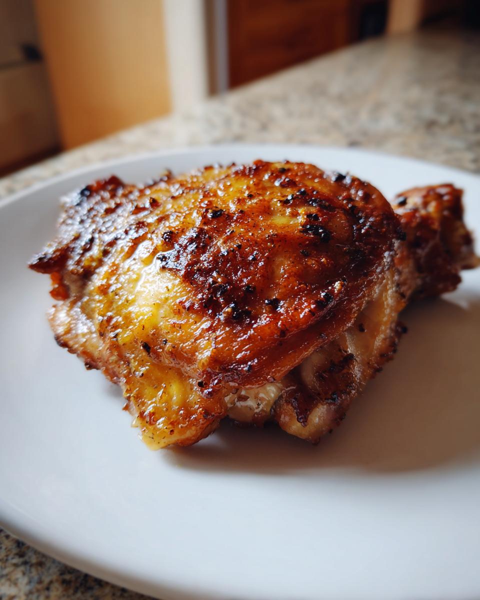 Close-up of a single, perfectly cooked chicken thigh with crispy, browned skin seasoned with pepper.