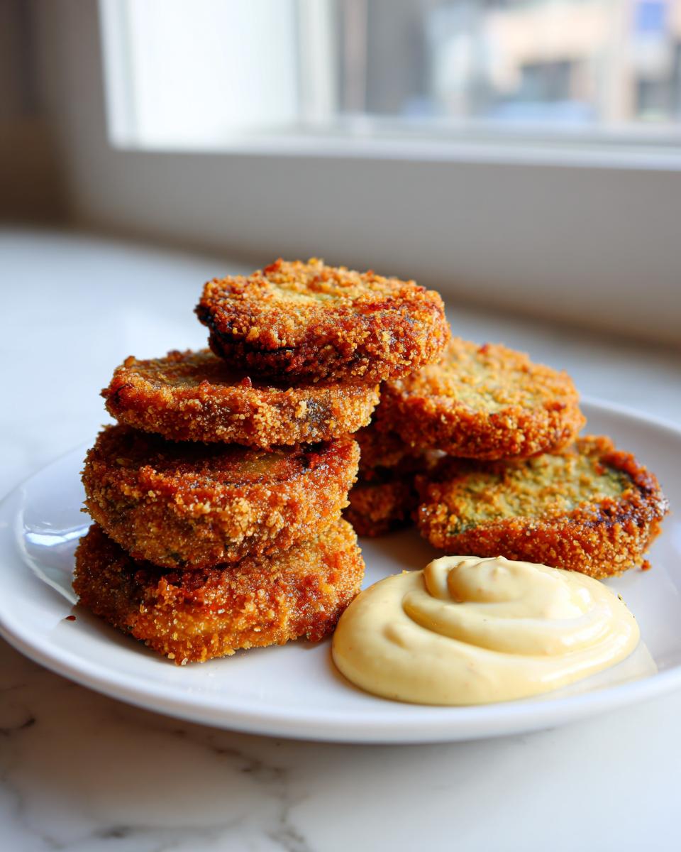A stack of golden brown, crispy fried green tomatoes served on a white plate next to a swirl of creamy dipping sauce.