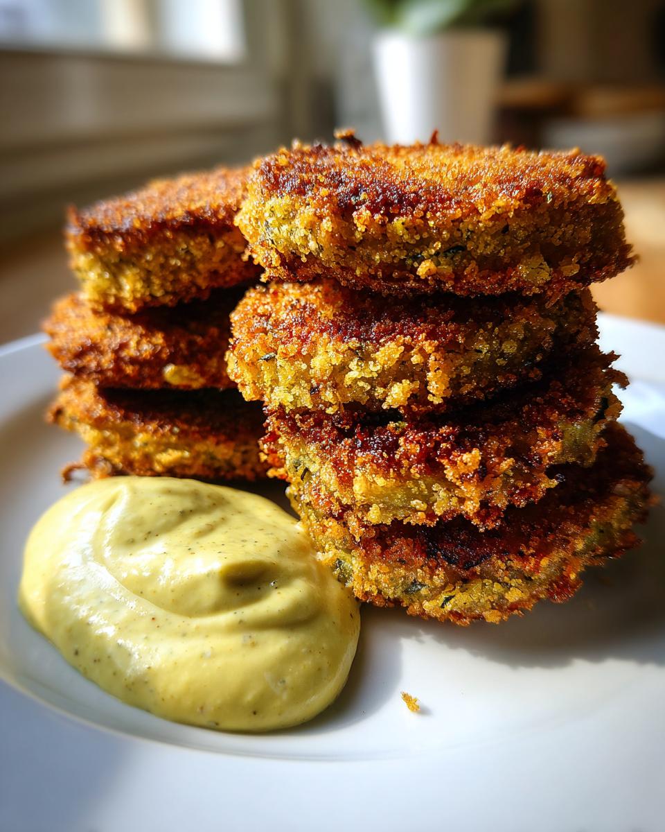 A stack of golden-brown, crispy fried green tomatoes served on a white plate next to a dollop of yellow dipping sauce.