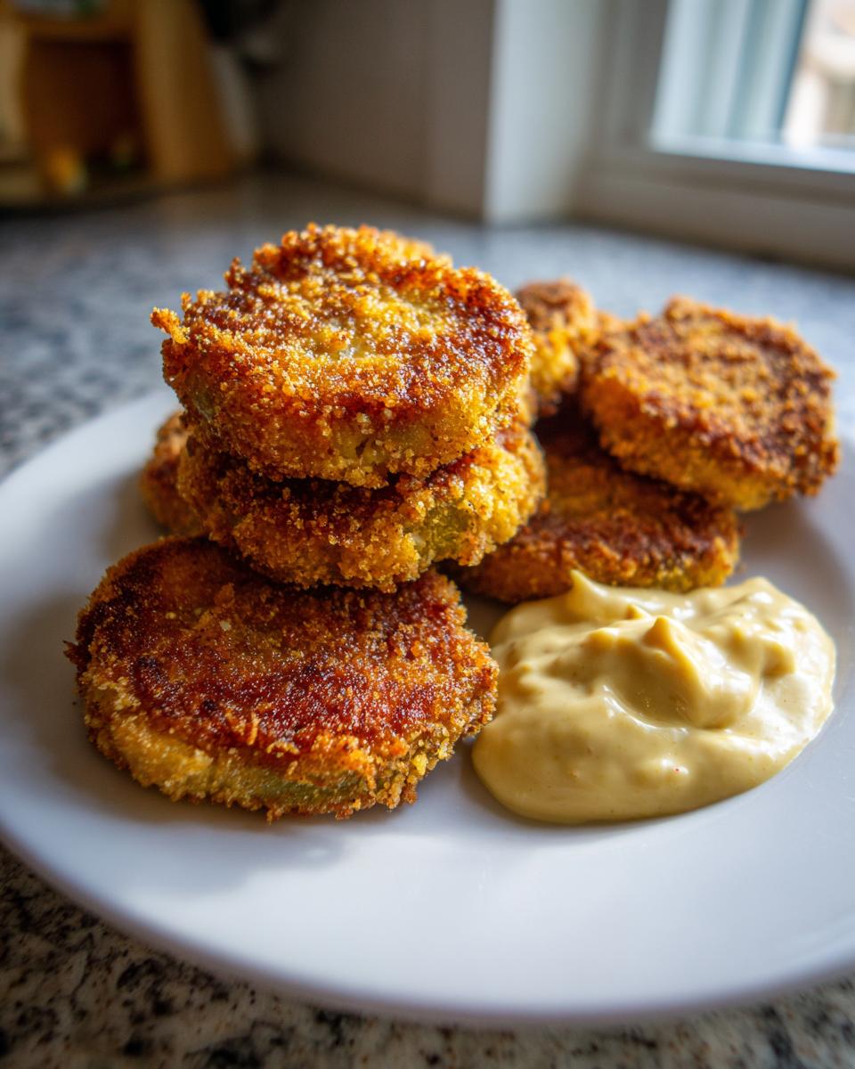 A stack of crispy, golden brown fried green tomatoes served with a dollop of dipping sauce.
