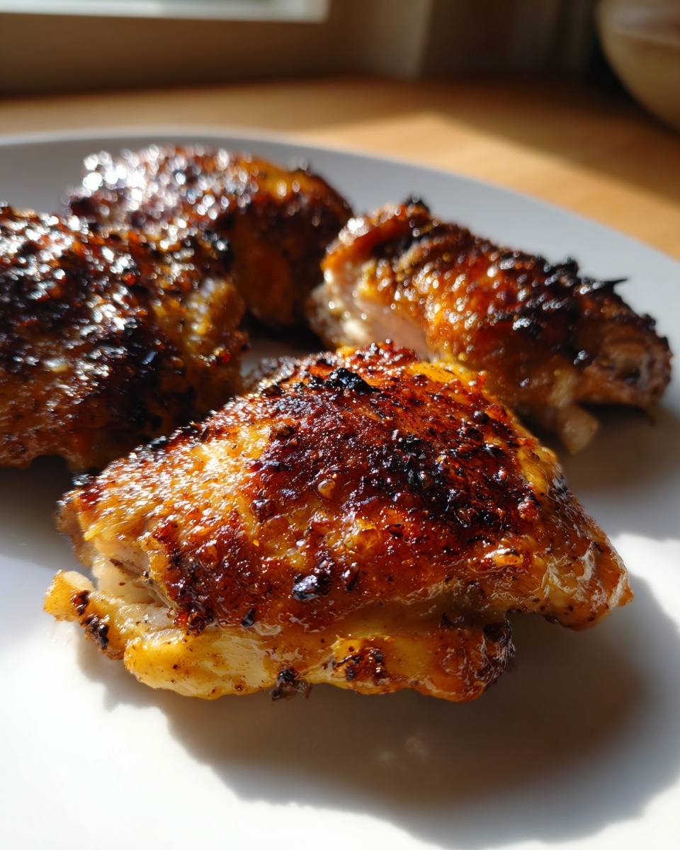 Four perfectly cooked honey garlic chicken thighs with crispy, glazed skin resting on a white plate.