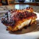 Close-up of a perfectly cooked honey garlic chicken thigh with a dark, caramelized, and seasoned crust.