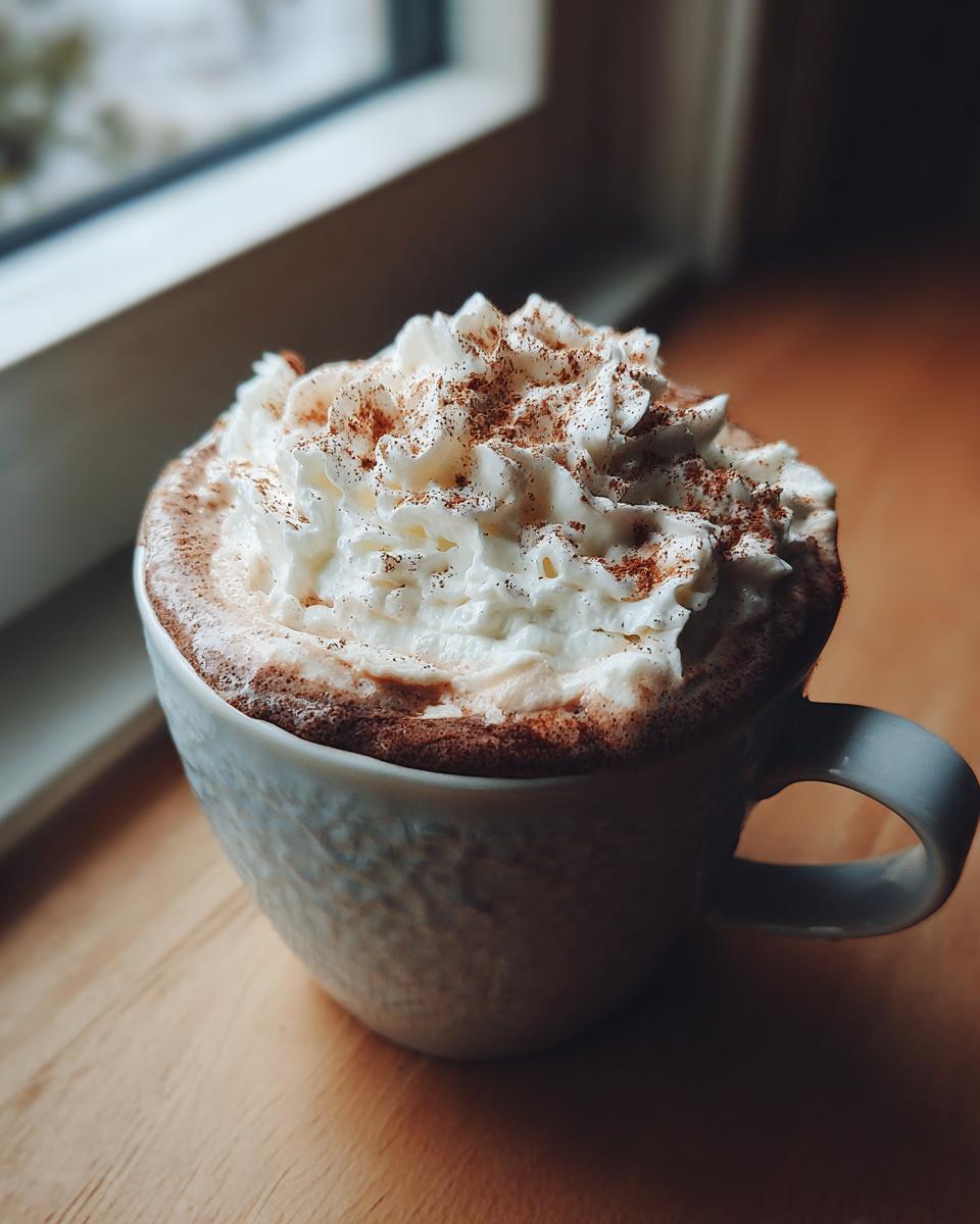 Close-up of a mug filled with rich crockpot hot chocolate topped with whipped cream and cinnamon.