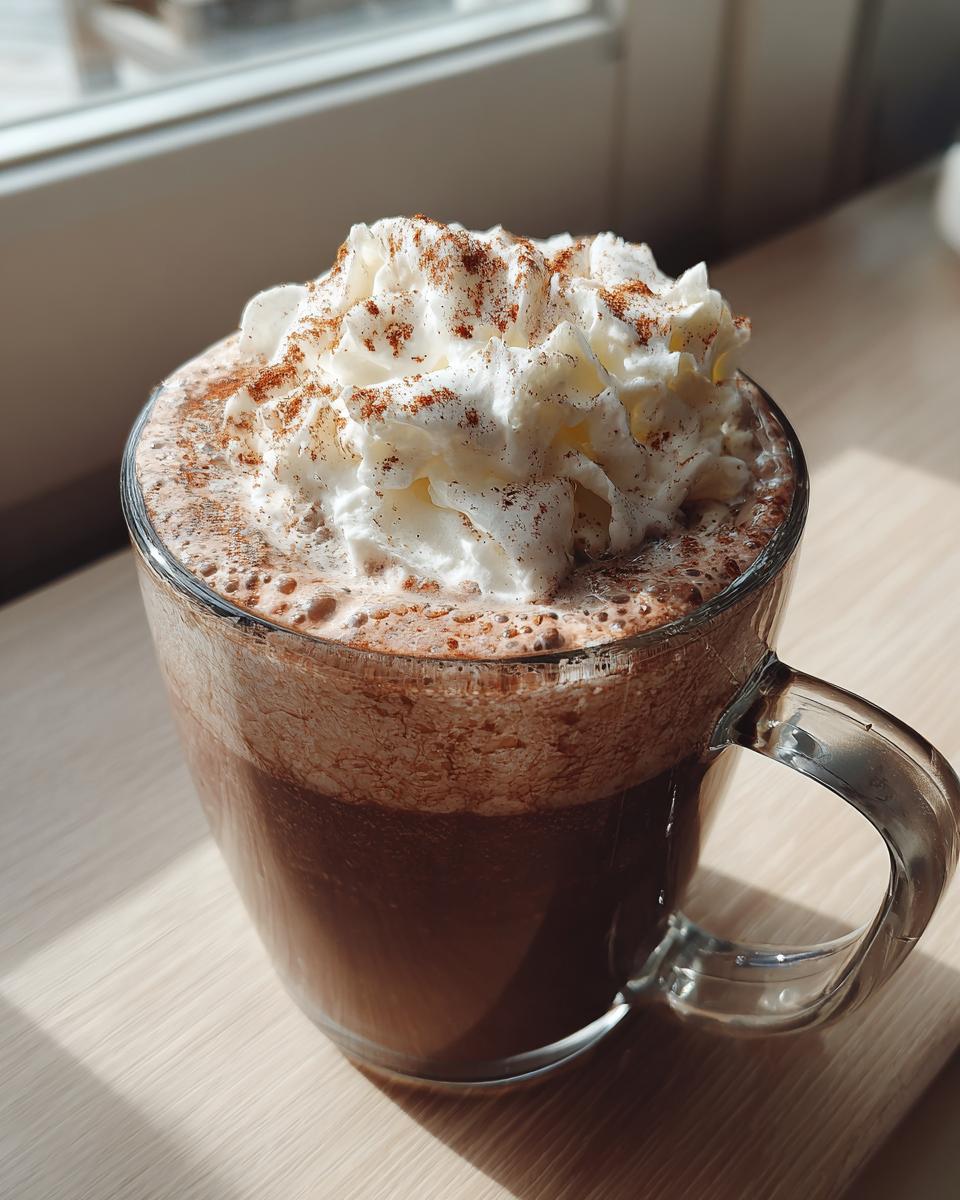 A clear glass mug filled with rich crockpot hot chocolate, topped with whipped cream and cinnamon.