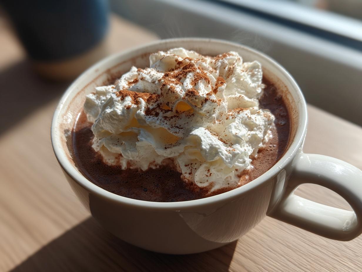 Close-up of a mug filled with hot crockpot hot chocolate topped with whipped cream and cinnamon.