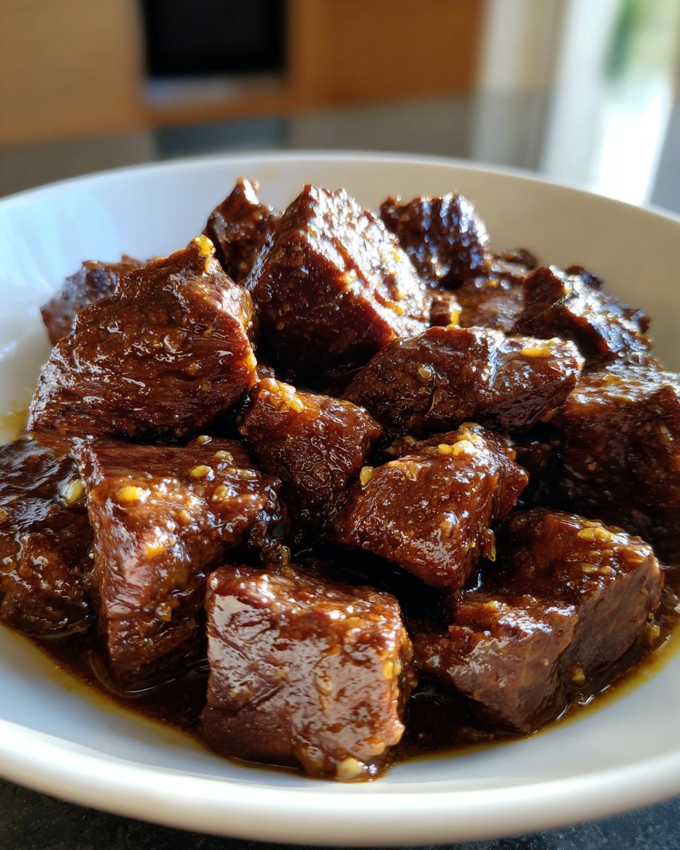 Close-up of tender crockpot steak bites coated in a rich, glossy brown sauce with visible minced garlic pieces.