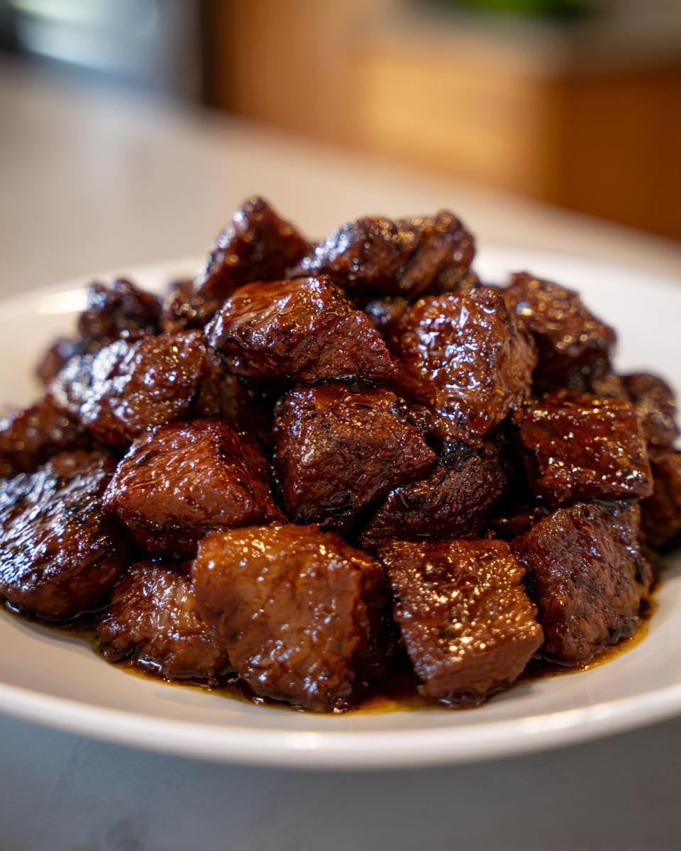 Close-up of tender crockpot steak bites piled high on a white plate, glistening with a dark, savory sauce.