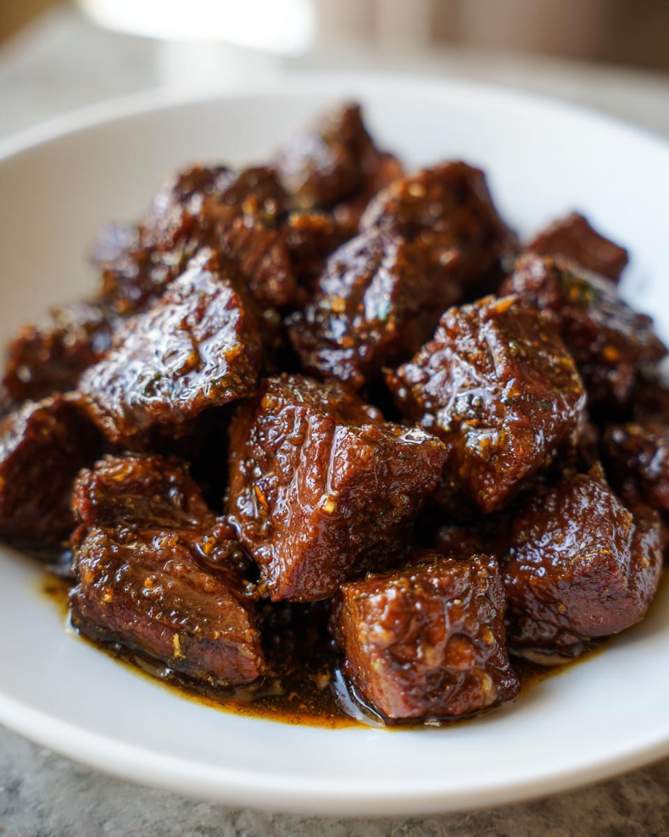 Close-up of tender crockpot steak bites coated in a dark, glossy sauce, served in a white bowl.