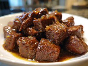 Close-up of tender crockpot steak bites coated in a glossy, dark brown sauce served in a white bowl.