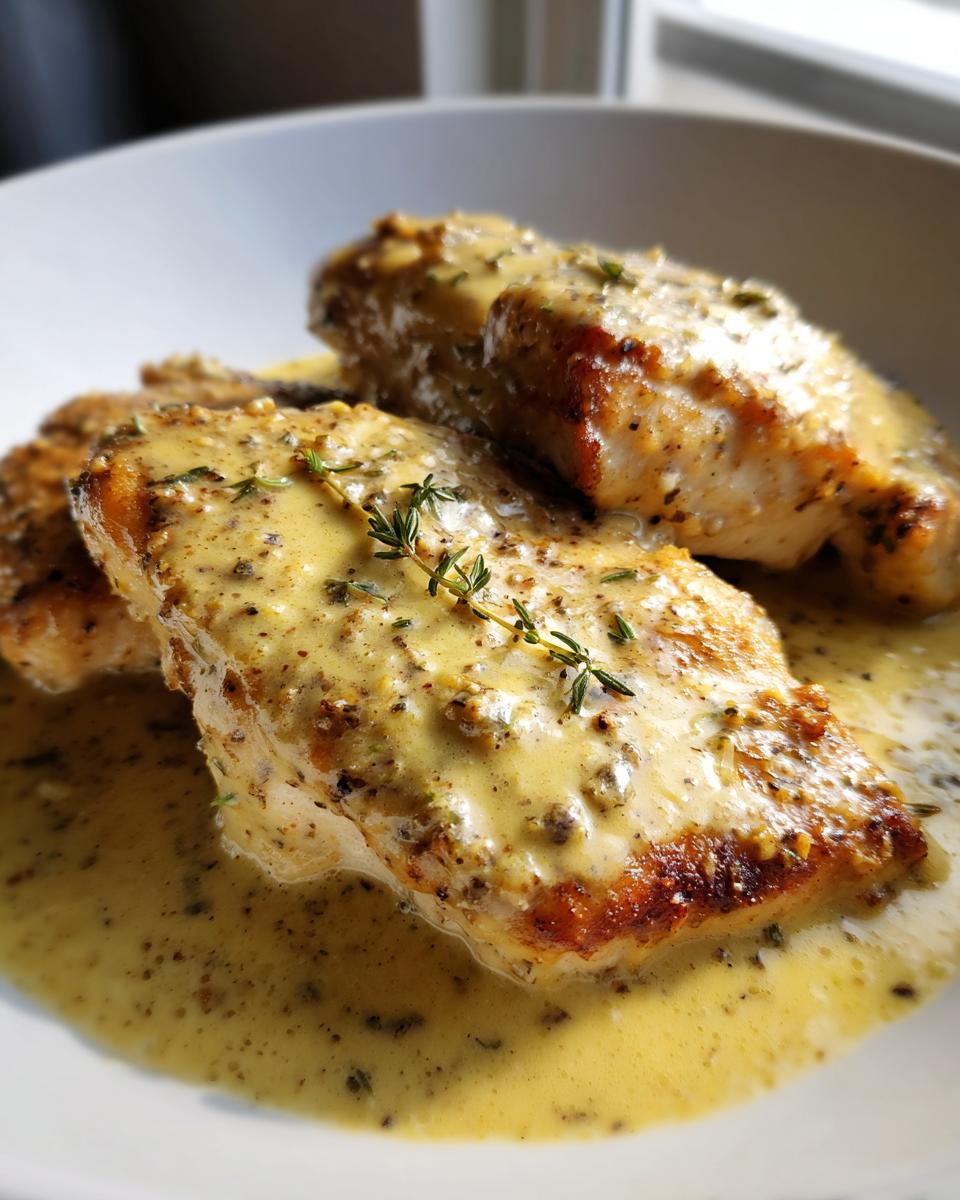 Close-up of pan-seared Dijon chicken breasts smothered in a creamy, speckled mustard sauce and garnished with thyme.