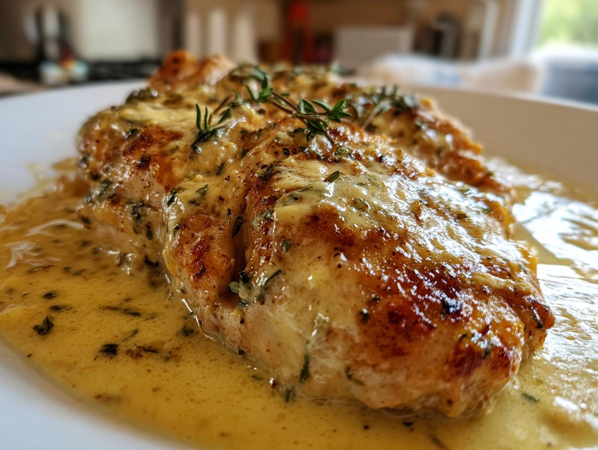 Close-up of a seared chicken breast smothered in a creamy, herb-flecked sauce, perfect for Dijon chicken.